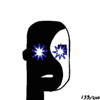 A stylized black and white illustration of a face with blue starburst shapes over the eyes, labeled '133/200' in the bottom right corner.
