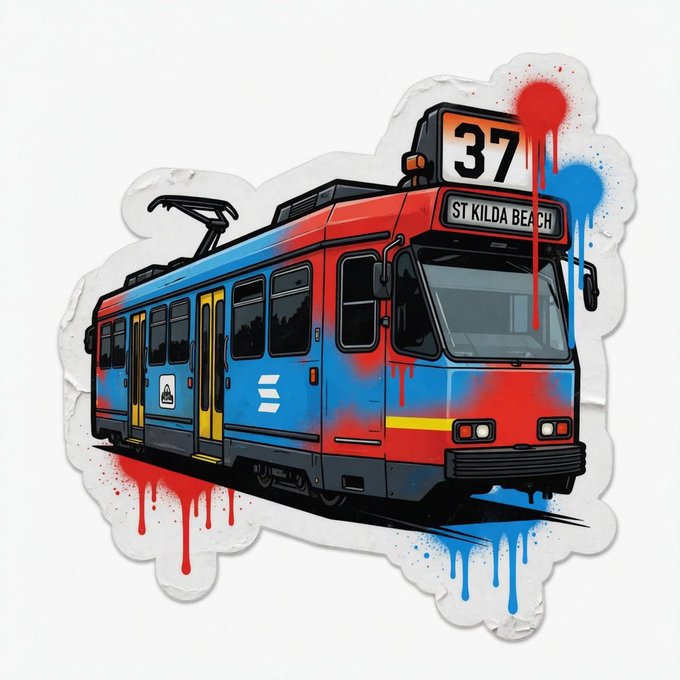 This graphic depicts a stylistically painted beach tram, specifically one with the number 37 en route to St Kilda Beach as indicated by the signage on the front. The presence of the red and blue artistic elements, along with the friendly greeting "G’day g’day" from the post, suggest a playful or enthusiastic welcome to the St Kilda Beach tram service, celebrating the local Sydney icon with a creative twist.