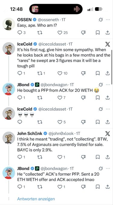 The image shows a Twitter/X thread where users, including OSSEN, IceCold, JBond, and John Schenk, discuss trading activity, with JBond noting he bought a PFP from ACK for 20 WETH, and others commenting on the rarity of the collectibles. The thread relates to the caption by highlighting the irony of OSSEN being mocked as poor by Bored Ape community members, despite having invested around $400K into rare Argonauts, showcasing the trading and collecting behavior referenced in the discussion.