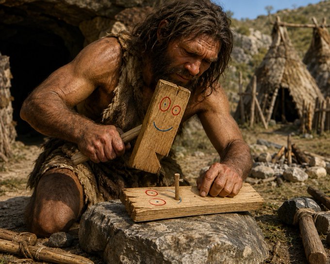 A muscular, bearded caveman in fur clothing intensely carves a smiley face into a wooden plank using primitive tools, with similar plank carvings and stick shelters visible in the prehistoric camp behind him—capturing the humor of the caption "plank.love" by depicting the timeless obsession with expressive wooden creations.
