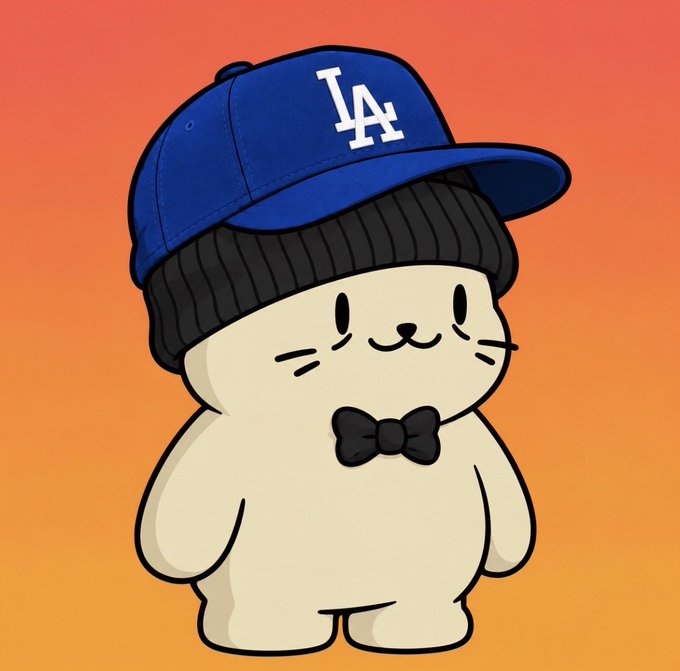 A cute cartoon illustration of a small cream-colored character wearing a blue LA baseball cap and a black bowtie on an orange gradient background.