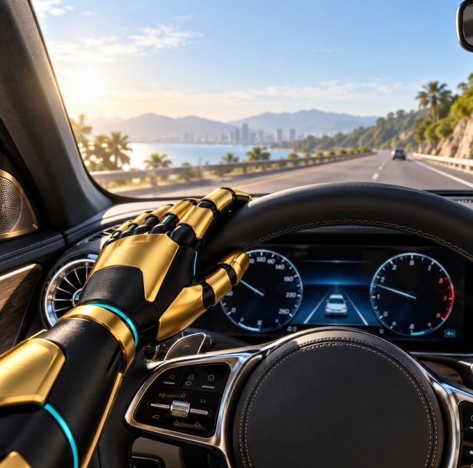 A first-person view from inside a car showing a golden robotic hand gripping the steering wheel, with a coastal highway and city skyline visible through the windshield.