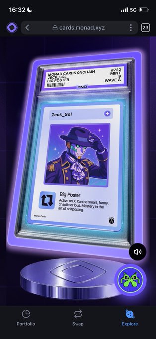 A screenshot from cards.monad.xyz displays a digital trading card labeled "Zeck_Sol" featuring a character in a purple suit and hat, described as a "Big Poster" active on X, with navigation tabs for Portfolio, Swap, and Explore.