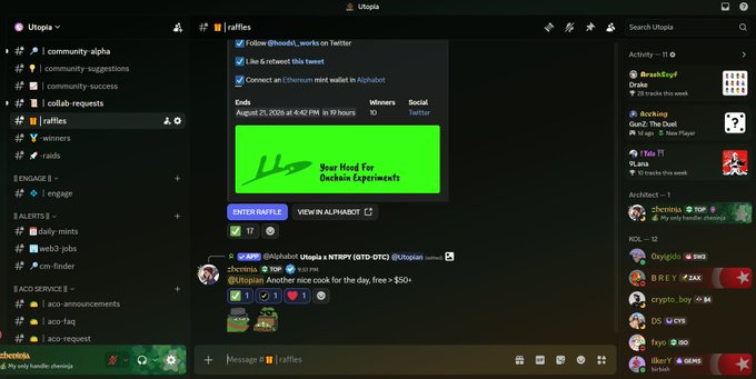 A screenshot of the Utopia Discord-like interface showing a #raffles channel with an entry raffle for a 'Your Hood For Onchain Experiments' NFT, alongside a sidebar of other channels and server members.