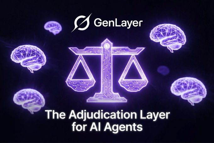 Branding image for 'GenLayer' featuring a glowing purple neon scales of justice surrounded by digital brain illustrations, with the tagline 'The Adjudication Layer for AI Agents'.