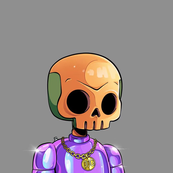 A cartoon illustration of a skeleton figure with a purple metallic body, wearing a gold chain with a 'DDG' medallion pendant, set against a gray background.