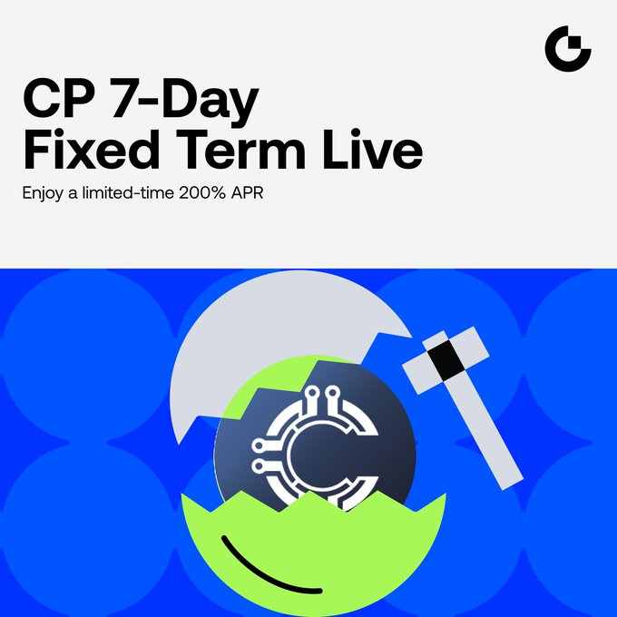 A Gate.io promotional graphic announces the "CP 7-Day Fixed Term Live" product offering a limited-time 200% APR, featuring an illustration of a cracked egg containing a circuit board alongside a hammer. The image visually supports the announcement of Gate Simple Earn's CP fixed-term subscription with a 52,000,000 CP quota.
