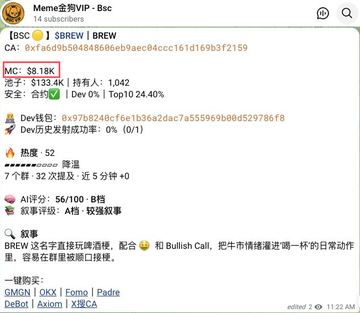 A cryptocurrency discussion on a forum titled 'Memo金狗VIP' analyzing the token BSC with a market cap of $8.18K and a price of $133.4K, showing bullish indicators.