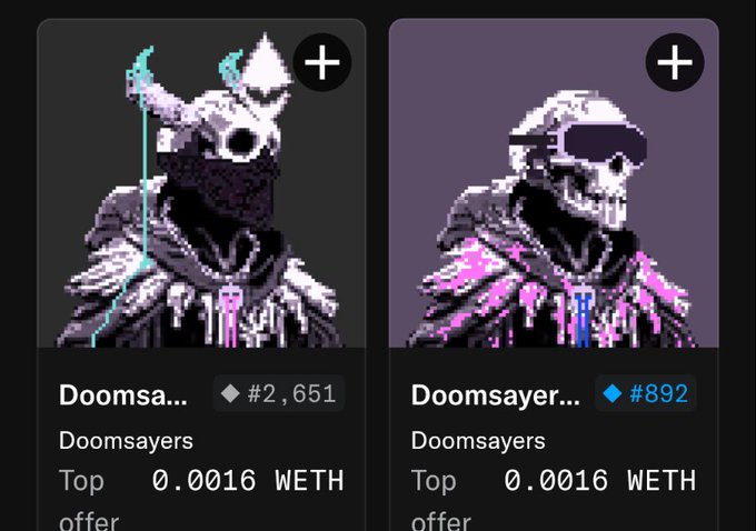 Two NFT listings for 'Doomsayers' collection pieces showing skull-masked figures, with top offers of 0.0016 WETH each.