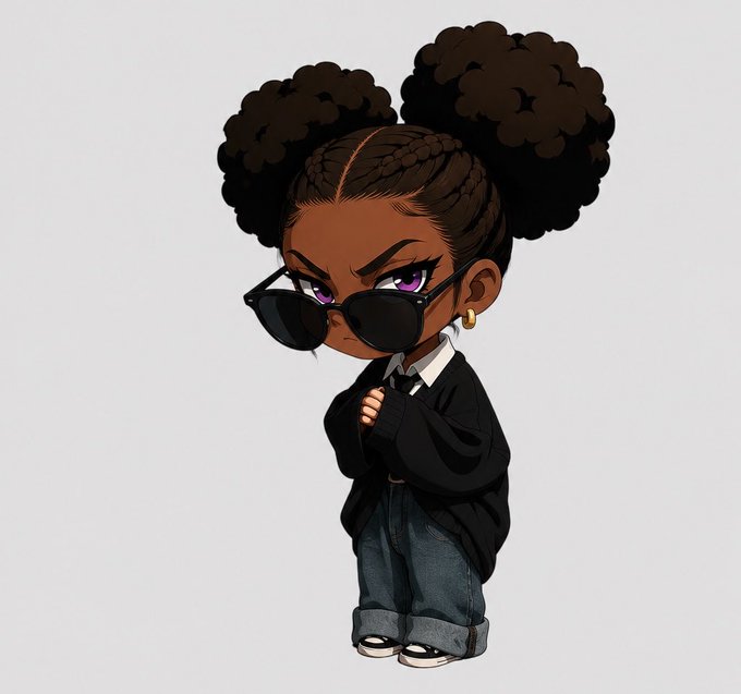 A chibi-style cartoon illustration features a young girl with dark skin, purple eyes, large puffy hair buns, and sunglasses, wearing an oversized black sweater, jeans, and sneakers with her arms crossed.