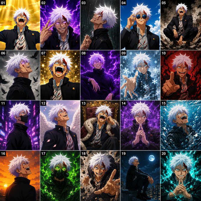 A collage of 20 numbered anime-style illustrations of a white-haired male character in various poses and themed backgrounds (lightning, snow, fire, water, etc.).
