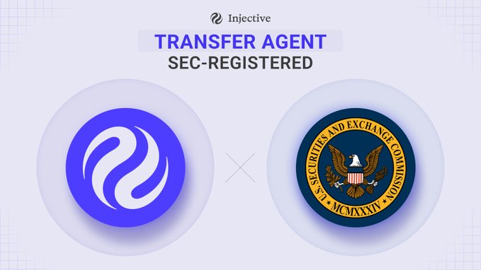 A promotional graphic for Injective's 'TRANSFER AGENT' featuring the Injective logo next to the SEC (U.S. Securities and Exchange Commission) seal with the text 'SEC-REGISTERED'.