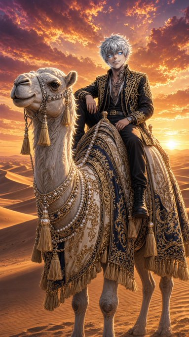A fantasy digital artwork depicting a silver-haired, blue-eyed male character in an ornate black and gold embroidered outfit riding a heavily decorated camel across desert dunes at sunset.