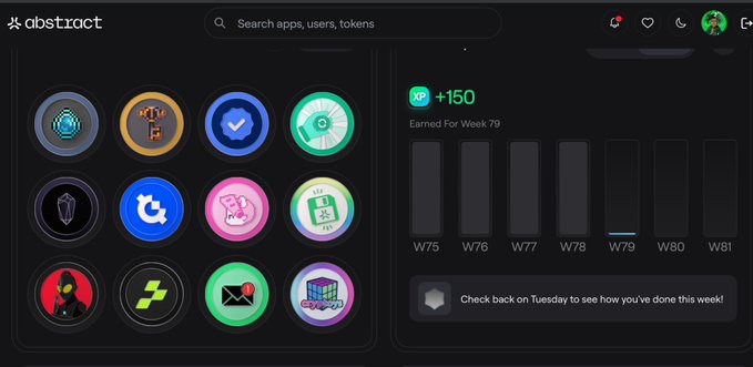 The Abstract platform dashboard displaying a grid of app icons on the left and weekly XP earnings on the right, showing +150 XP earned for Week 79.