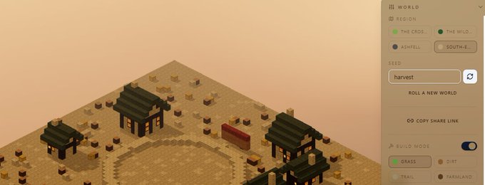 An isometric view of a voxel-based world featuring small houses and a central ring on a sandy terrain, with a right-side menu showing 'WORLD', 'SEED: harvest', and 'BUILD MODE' options.
