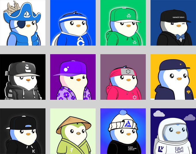 A grid of twelve cartoon penguin characters, each wearing different outfits including a pirate, a hoodie, a green cap, and an astronaut suit.