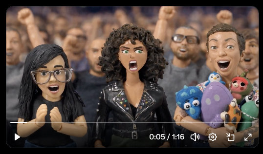 A YouTube video screenshot showing 3D animated characters at a concert or event, with one holding plush toys, the timestamp showing 0:05 / 1:16.