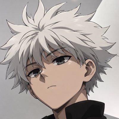 A close-up anime illustration of a character with spiky white hair, gray eyes, and a serious expression, wearing a black collared shirt.