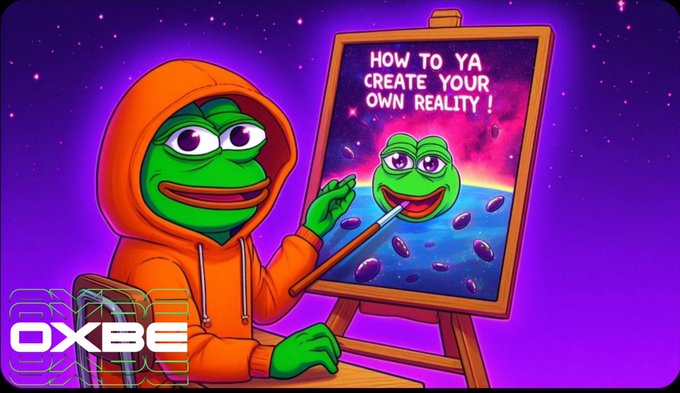 The image features a cartoon frog wearing an orange hoodie, sitting at a desk with a painting of a green frog on canvas behind him. The text "How to ya create your own reality!" is displayed above the painting. The frog appears to be pointing towards the painting and saying "Yeah I'm winning."