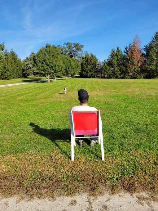 A person wearing a black cap sits on a red chair in the middle of a green grassy field, facing a line of trees under a blue sky.