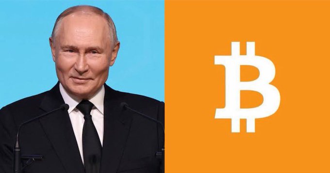 The image shows Vladimir Putin alongside the Bitcoin (₿) logo, visually linking Russia's leadership with the country's expansion into cryptocurrency, as Sberbank prepares to offer custodial services for BTC, ETH, and USDT.