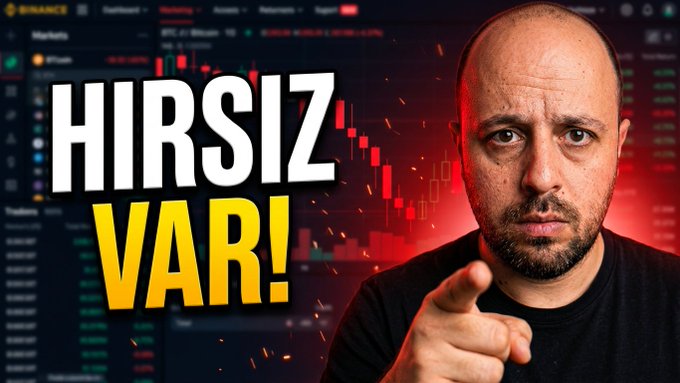 A YouTube thumbnail featuring a bald man pointing at the camera against a Binance trading chart background, with large Turkish text reading 'HIRSIZ VAR!' (There is a thief!).