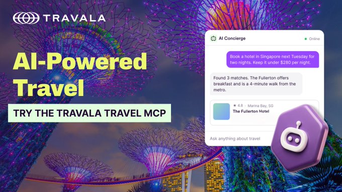 A promotional graphic for "TRAVALA" advertising "AI-Powered Travel" with a "TRY THE TRAVALA TRAVEL MCP" button, showing an AI Concierge chat booking a hotel in Singapore.