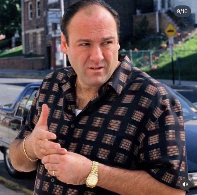 A portrait of actor James Gandolfini as Tony Soprano from 'The Sopranos,' wearing a dark checkered shirt and a gold watch, gesturing with his hand while standing outdoors near a car.