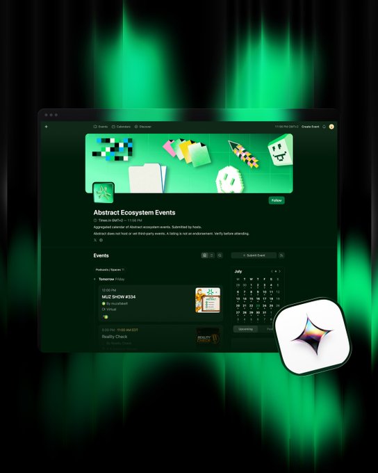 The image displays the "Abstract Ecosystem Events" Luma page, featuring a green-themed banner with playful 3D icons and a list of upcoming events including "MUZ SHOW #334" by FVCKRENDER and "Reality Check" by Reality Check. The page invites users to stay connected with community happenings, directly supporting the post's message about discovering official Abstract events in one place.