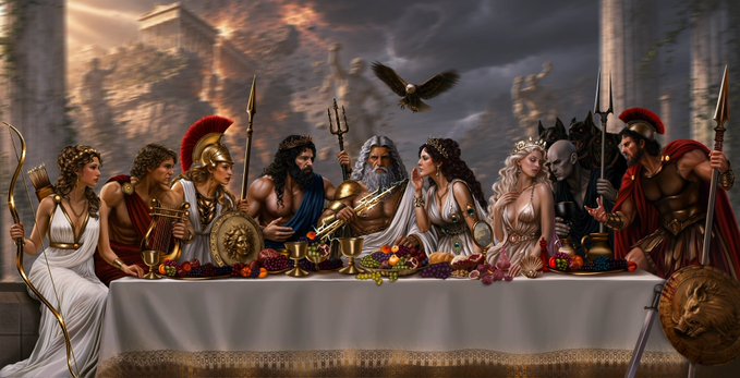 A fantasy illustration depicting the Greek gods gathered at a banquet table with food and wine, including figures resembling Ares, Poseidon with a trident, Zeus, Athena, and others in classical Greek attire.