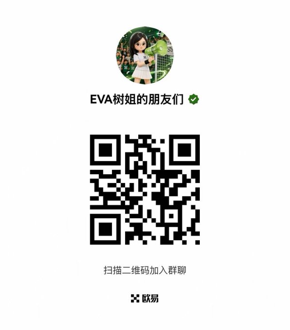 A WeChat QR code invitation page featuring a cartoon girl avatar with the title "EVA树姐的朋友们" (EVA Tree Sister's Friends) and Chinese text "扫描二维码加入群聊" (Scan the QR code to join the group chat), branded with 欧易 (OKX).