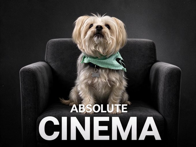 A small fluffy dog wearing a green bandana sits on a black chair with the text 'ABSOLUTE CINEMA' displayed below.