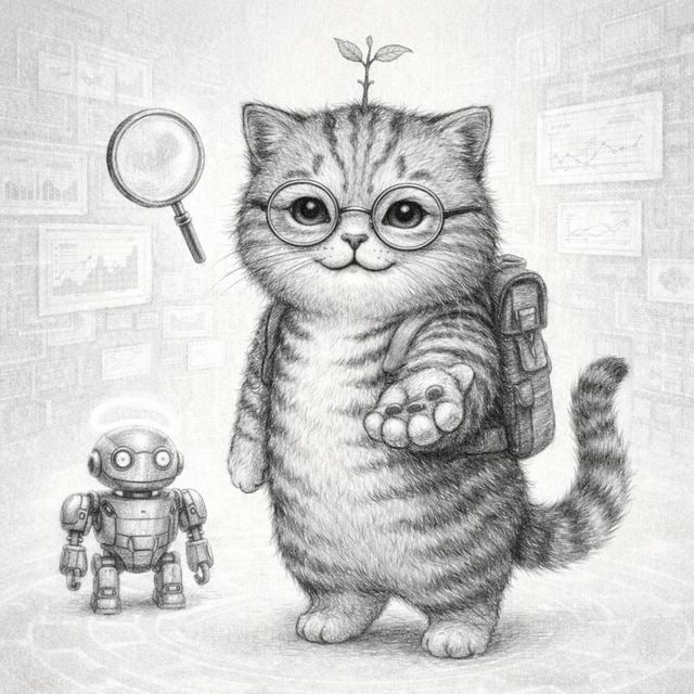 A detailed pencil sketch of an adorable anthropomorphic tabby cat wearing round glasses and a backpack, with a small sprouting plant on its head, standing next to a tiny vintage robot.