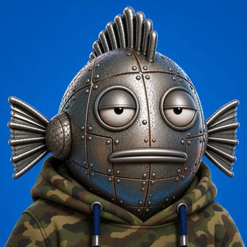 A 3D rendering of a robotic fish-like character with a metal head, large eyes, and fins, wearing a camouflage hoodie against a blue background.