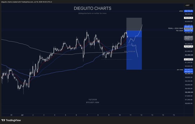 A TradingView candlestick chart of BTCUSDT from Dieguito Charts shows Bitcoin price action around $64,300–$64,600 on July 10, 2026, with a shaded blue zone marking the 2024 VWAP and previous range highs near $64,500 where the trader has hedged with a short, maintaining a delta-neutral position rather than a net short.