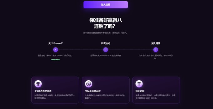 A dark-themed webpage in Chinese from Foresee X prompting the user "你准备好赢得八连胜了吗?" (Are you ready to win an eight-game winning streak?), with steps for paying, completing activities, and joining a challenge.