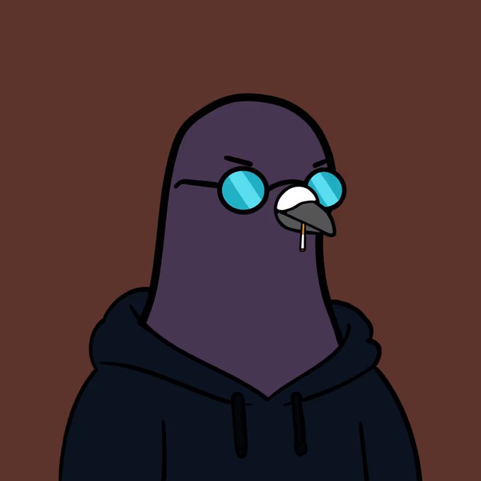 A stylized cartoon pigeon wearing sunglasses, smoking a cigarette, and a black hoodie stands against a brown background, reflecting the chill, confident vibe of the post as the creator hypes the upcoming August update for @GolubiroNFT and encourages followers to buy in before prices rise.