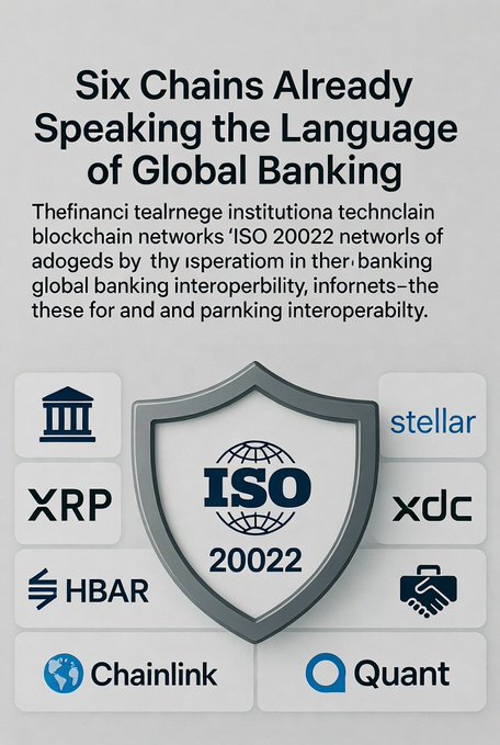 The image features a shield-shaped logo that reads "Six chains already speaking the language of global banking" and includes logos for Ripple, Hbar, Quant, and Qbar. The text above the shield states that "The finance techie institution The Financia tealomece institution The Financia tealomece institution The Financia tealomece institution The Financia tealomece institution The Financia tealomece institution".