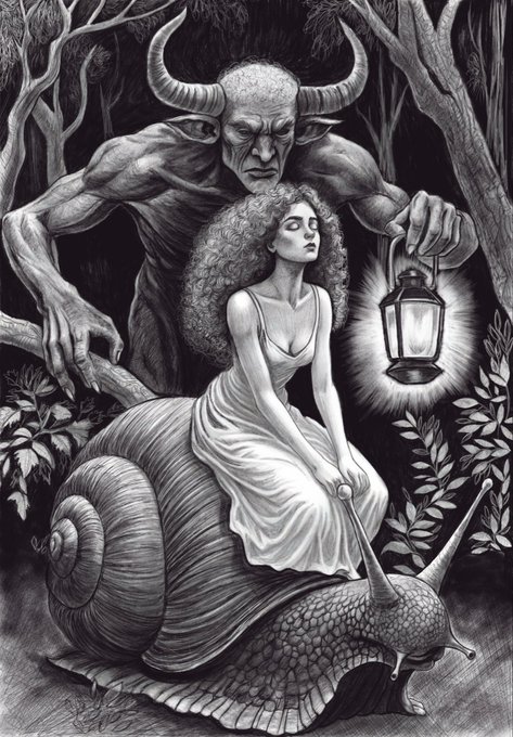 A black and white fantasy illustration depicting a horned, satyr-like figure holding a lantern behind a serene woman in a white dress who rides atop a giant snail through a dark forest. The image serves as evocative cover art for the artist's NFT collection available on objkt.com, fitting the surreal and mythological tone of their digital artwork offerings.