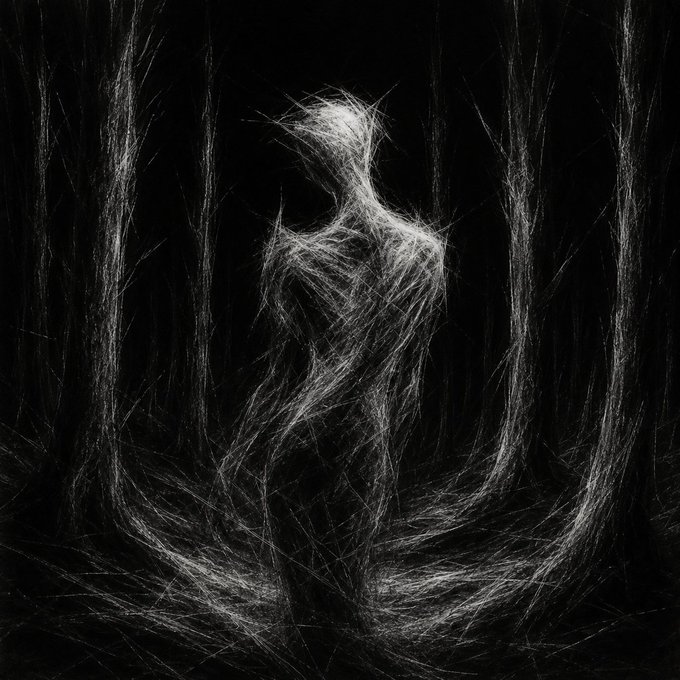 A ghostly, wispy figure made of tangled white threads stands shrouded among dark, web-like tree trunks in a black forest, evoking an unseen presence gradually revealed—mirroring the post's idea that SHADE doesn't announce its arrival but quietly emerges once you notice it.