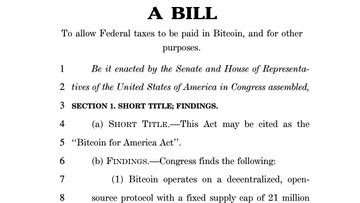 The image displays the opening text of a draft bill titled "Bitcoin for America Act," which seeks to allow federal taxes to be paid in Bitcoin. The visible portion includes the short title designation and begins the findings section, noting Bitcoin's role as a decentralized open-source protocol with a fixed supply cap of 21 million. This aligns with Senator Cynthia Lummis's announcement on Fox that the Bitcoin Clarity Act text is being released soon, as the document appears to be the legislative text she referenced introducing "in the next few days."
