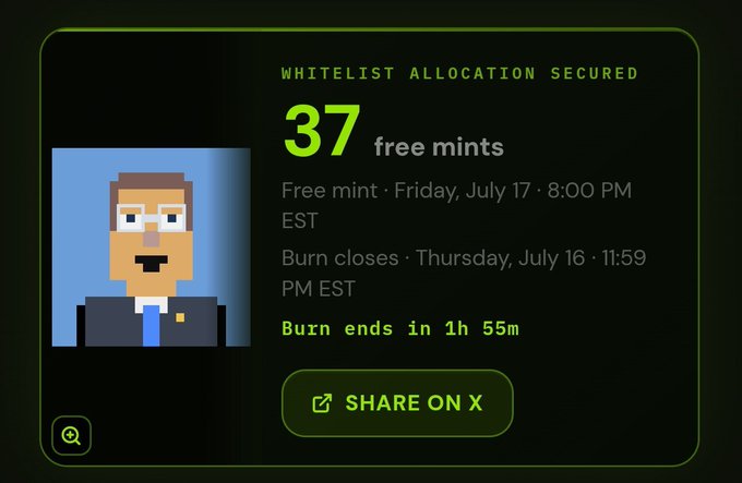 A digital card showing a pixel art character with text 'WHITELIST ALLOCATION SECURED 37 free mints', detailing a free mint on Friday, July 17 at 8:00 PM EST and a 'SHARE ON X' button.