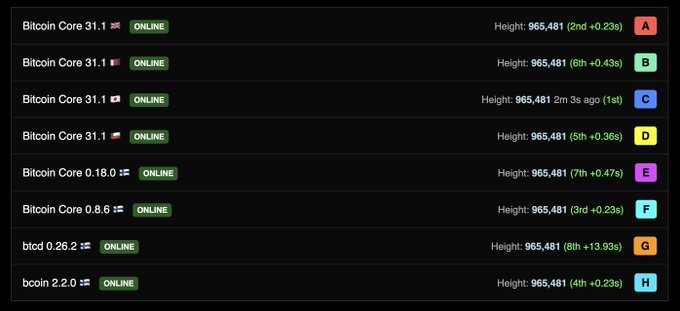 A network status dashboard listing multiple Bitcoin nodes (Bitcoin Core 31.1, 0.18.0, 0.8.6, btcd 0.26.2, bcoin 2.2.0) all marked 'ONLINE' at block height 965,481.