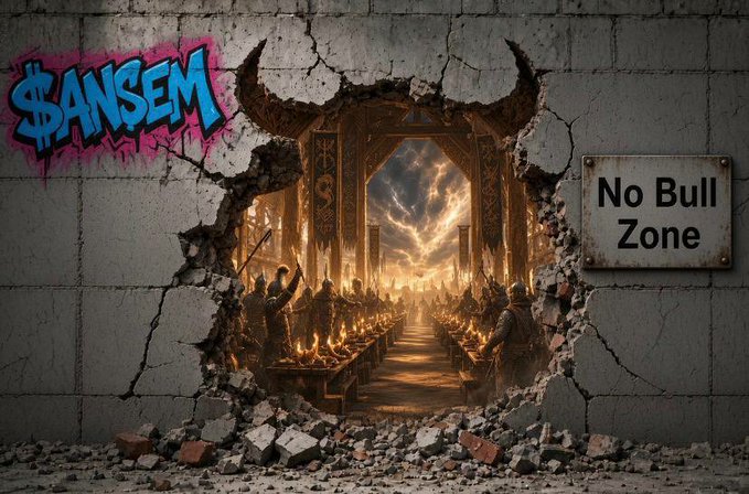 Digital artwork featuring a hole broken through a concrete wall, revealing a Viking feast scene inside, with graffiti reading '$ANSEM' and a 'No Bull Zone' sign next to it.