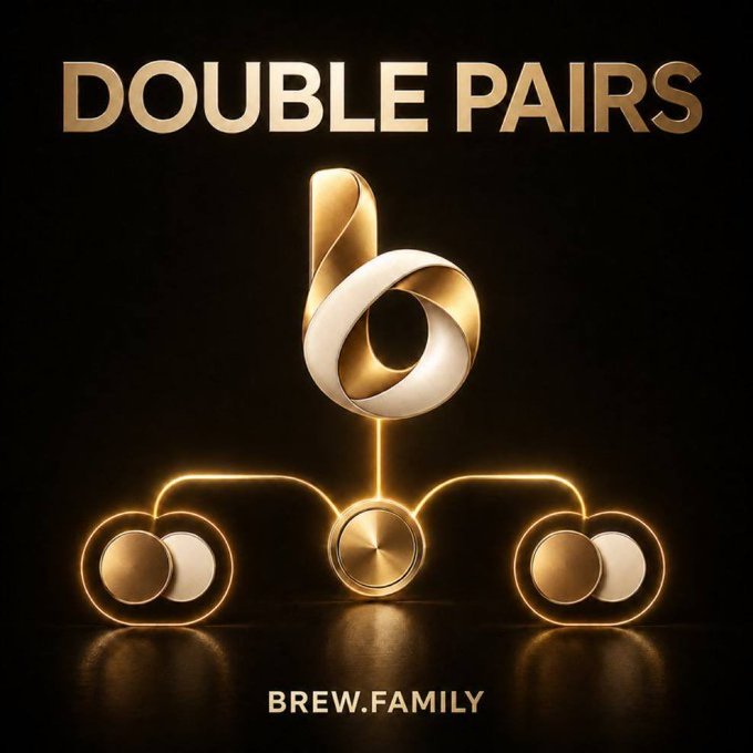 The image features the text "DOUBLE PAIRS" and "BREW.FAMILY" alongside a stylized gold trophy or knot design, illustrating the "$BREW" token's launch on Aster perps and the growing momentum within the BNB ecosystem. The premium gold aesthetic and "Double Pairs" branding visually reinforce the post's emphasis on $BREW's new stock-linked trading pairs and the burning of supply on its launchpad.