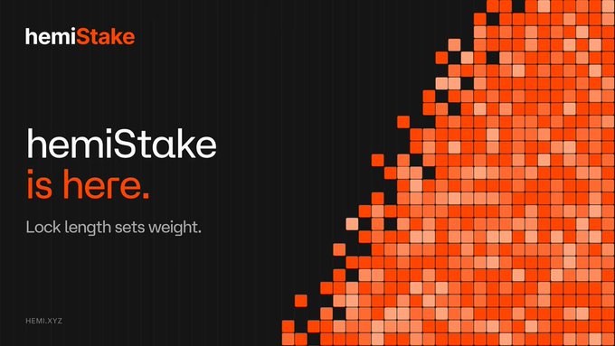 A promotional graphic for 'hemiStake' featuring the tagline 'Lock length sets weight' and 'hemiStake is here.' against a black background with an orange pixelated sphere design.