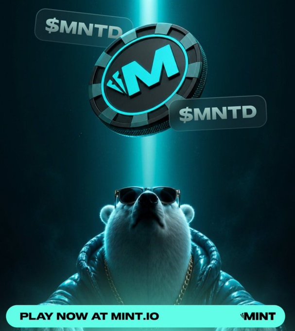 A promotional poster for **$MNTD** featuring a guinea pig wearing sunglasses and a puffy jacket with a coin graphic, promoting 'PLAY NOW AT MINT.IO'.