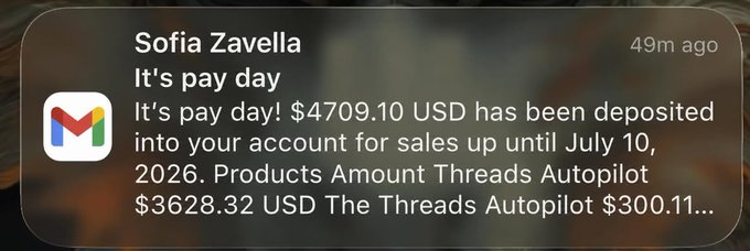 A Gmail notification from Sofia Zavella (49m ago) reading "It's pay day! $4709.10 USD has been deposited into your account for sales up until July 10, 2026. Products Amount Threads Autopilot $3628.32 USD The Threads Autopilot $300.11..."