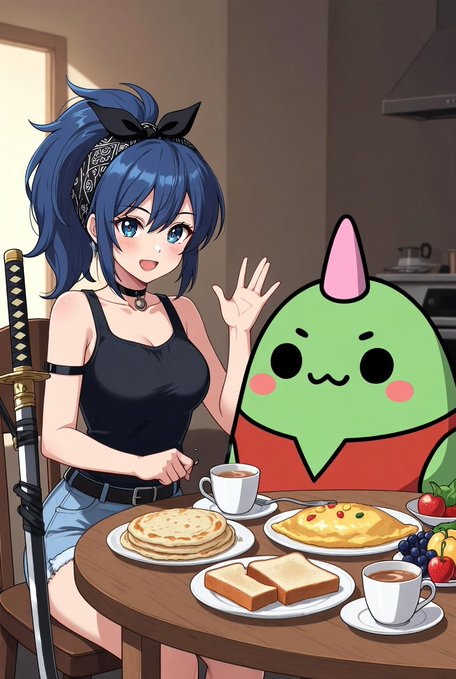 An anime-style illustration of a blue-haired girl waving next to a round green character with a pink horn, sitting at a table with pancakes, an omelet, and other breakfast items.