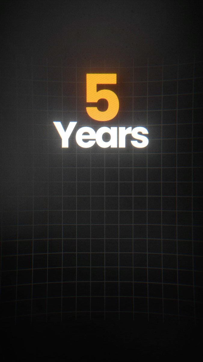A dark screen with a grid pattern displays a glowing orange '5' above the white text 'Years.'